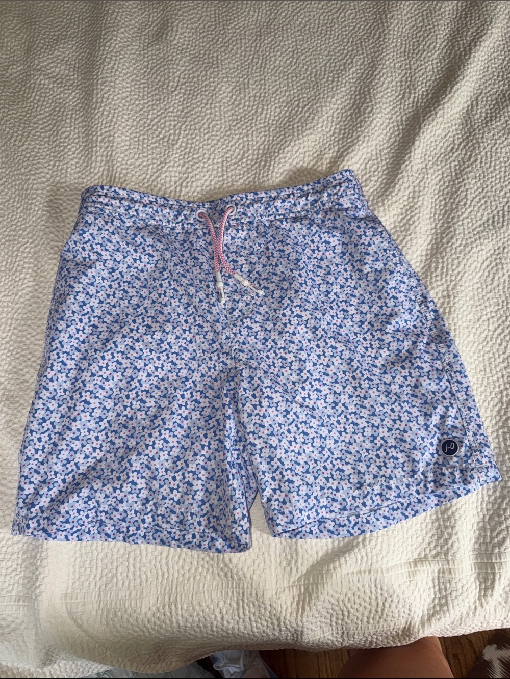 johnnie-O Blue Floral Kids Swim Trunks with Pink Drawcord